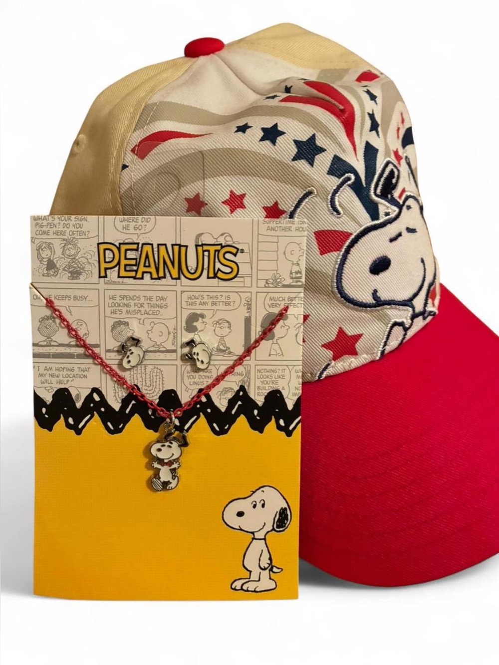 Peanuts Red, Cream Snoopy Cap with Necklace Set